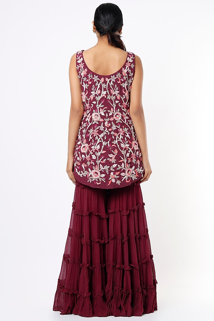 Wine Embroidered Wedding Sharara Set by Kaynaat by Aanchal Sawhney at Pernia's Pop Up Shop
