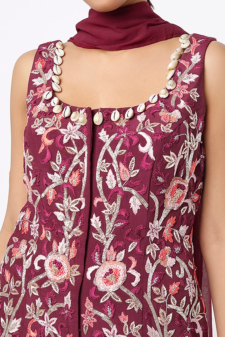Wine Embroidered Wedding Sharara Set by Kaynaat by Aanchal Sawhney at Pernia's Pop Up Shop
