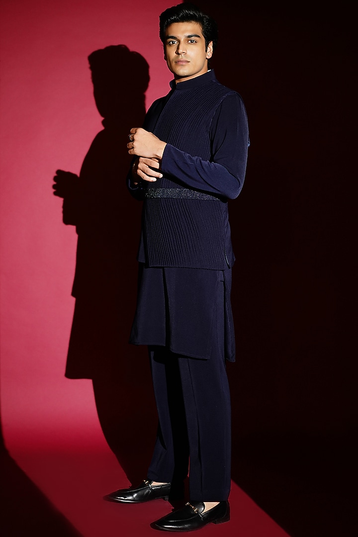 Navy Blue Thick Crepe Wedding Indowestern Set by KHUSHBOO CHUGH MEN at Pernia's Pop Up Shop