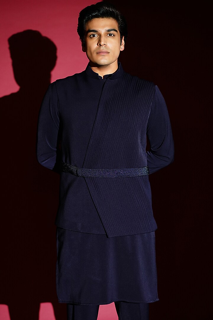 Navy Blue Thick Crepe Wedding Indowestern Set by KHUSHBOO CHUGH MEN at Pernia's Pop Up Shop