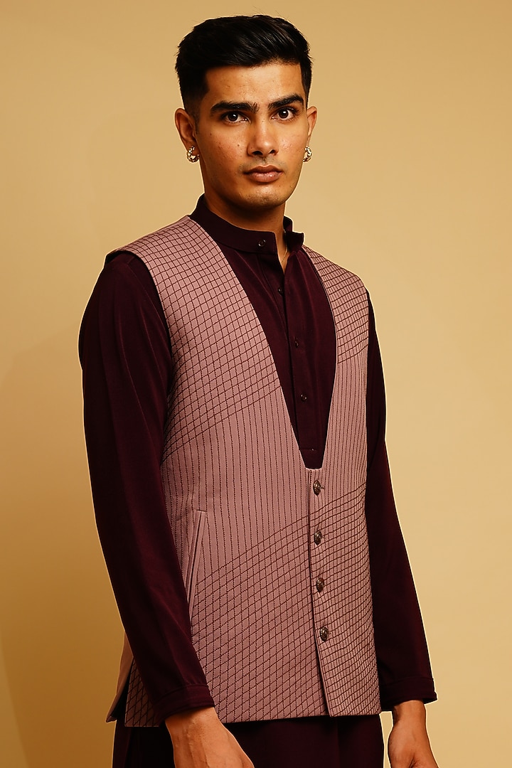 Wine Crepe Kurta Set With Waist Coat by KHUSHBOO CHUGH MEN at Pernia's Pop Up Shop