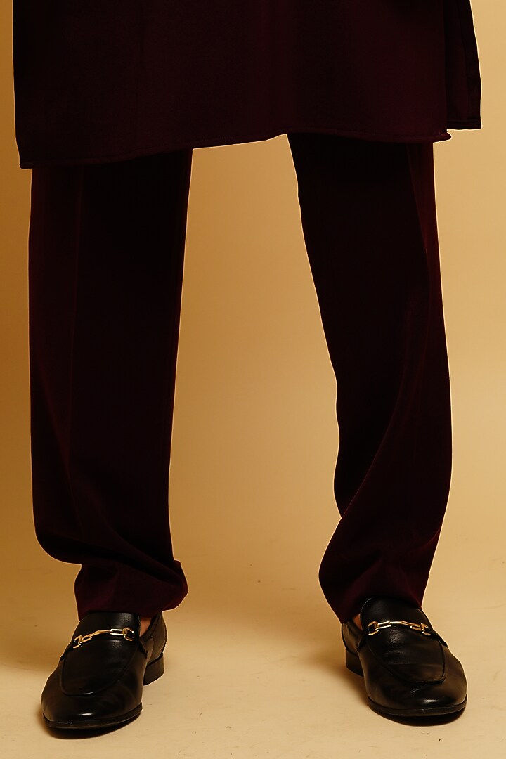 Wine Crepe Kurta Set With Waist Coat by KHUSHBOO CHUGH MEN at Pernia's Pop Up Shop