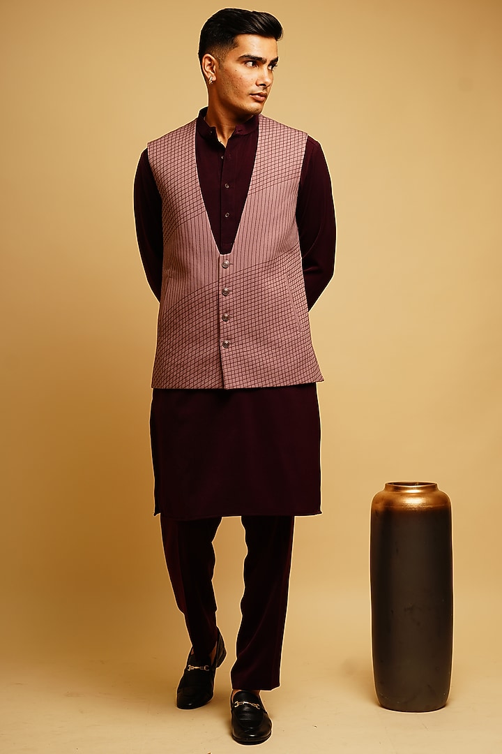 Wine Crepe Kurta Set With Waist Coat by KHUSHBOO CHUGH MEN at Pernia's Pop Up Shop