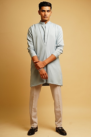 Dusky Powder Blue Crepe Kurta Set by KHUSHBOO CHUGH MEN
