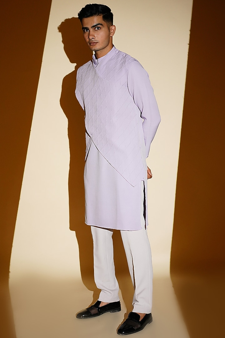 Lush Lavender Crepe Kurta Set With Jacket by KHUSHBOO CHUGH MEN at Pernia's Pop Up Shop