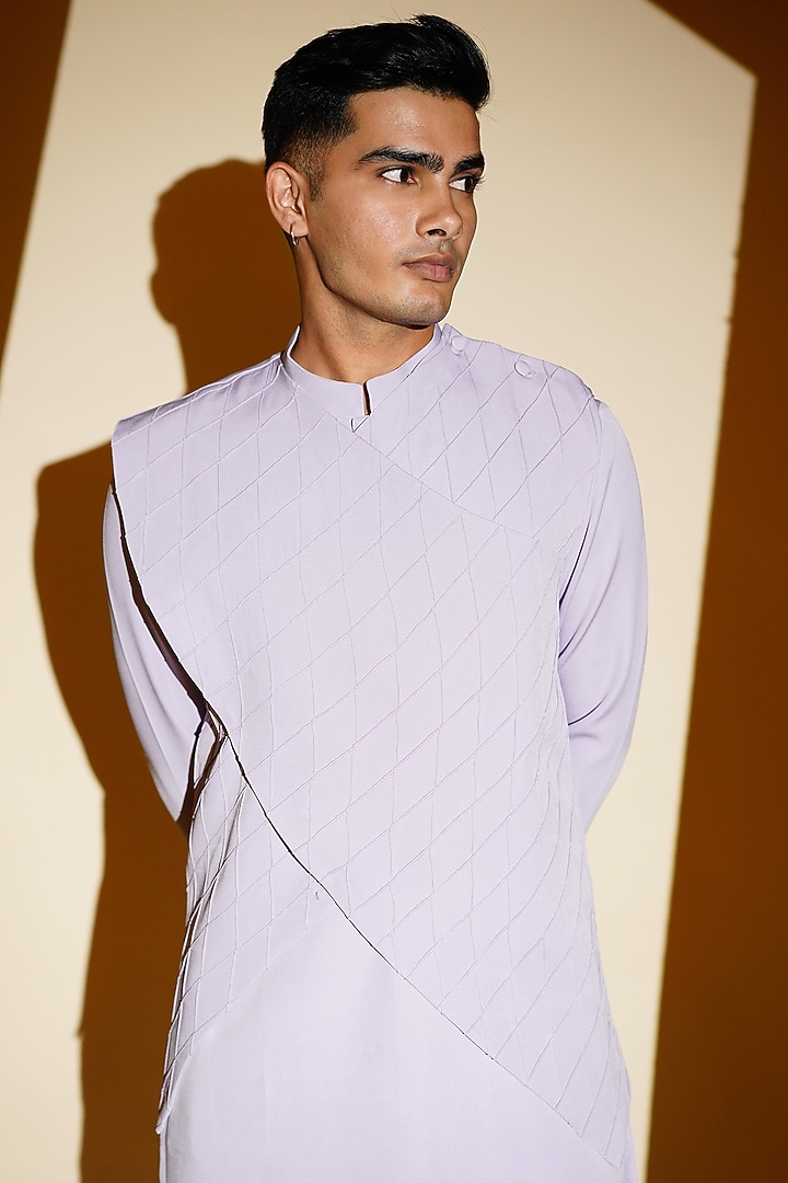 Lush Lavender Crepe Kurta Set With Jacket by KHUSHBOO CHUGH MEN at Pernia's Pop Up Shop