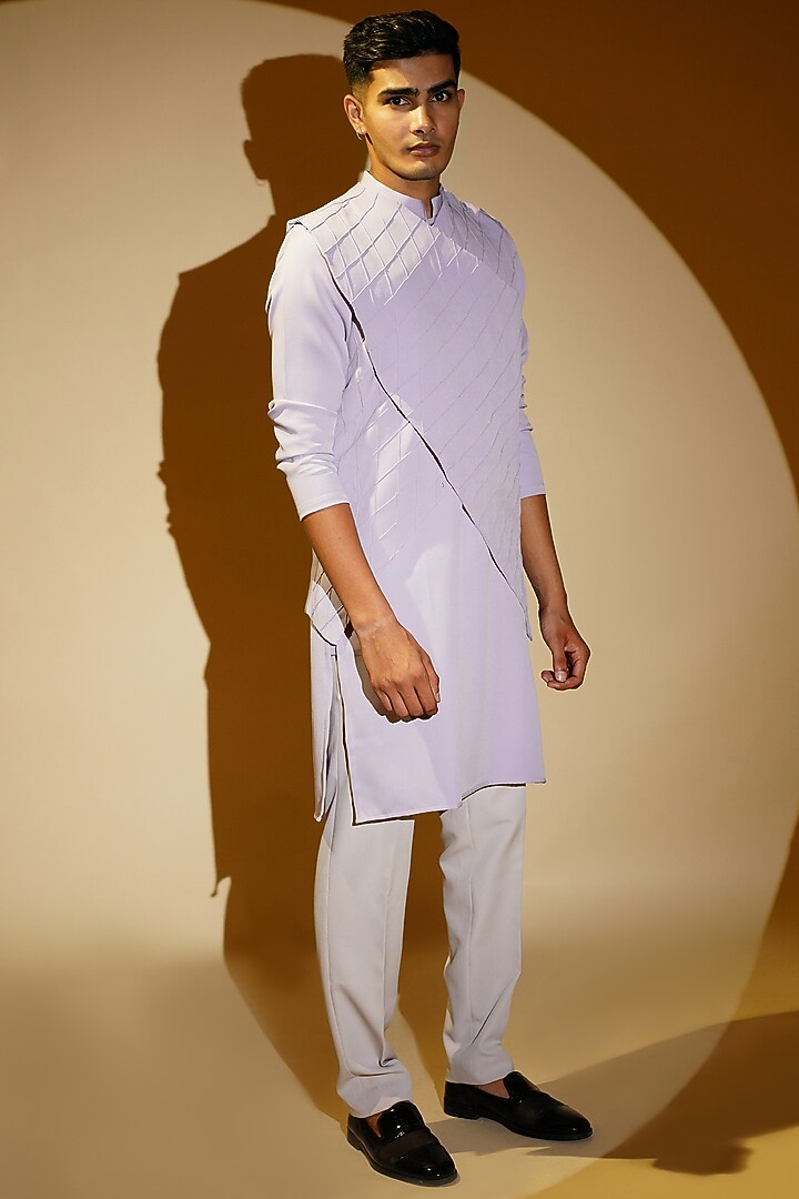 Lush Lavender Crepe Kurta Set With Jacket by KHUSHBOO CHUGH MEN at Pernia's Pop Up Shop