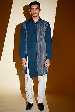 Teal Blue Embroidered Kurta Set by KHUSHBOO CHUGH MEN