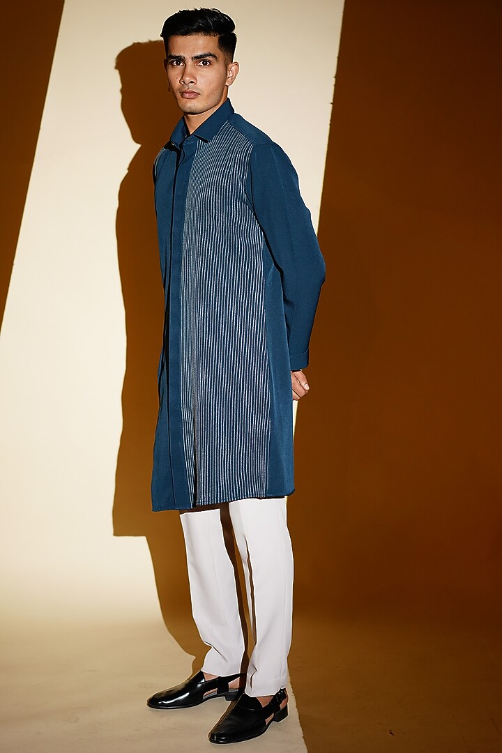 Teal Blue Embroidered Kurta Set by KHUSHBOO CHUGH MEN at Pernia's Pop Up Shop
