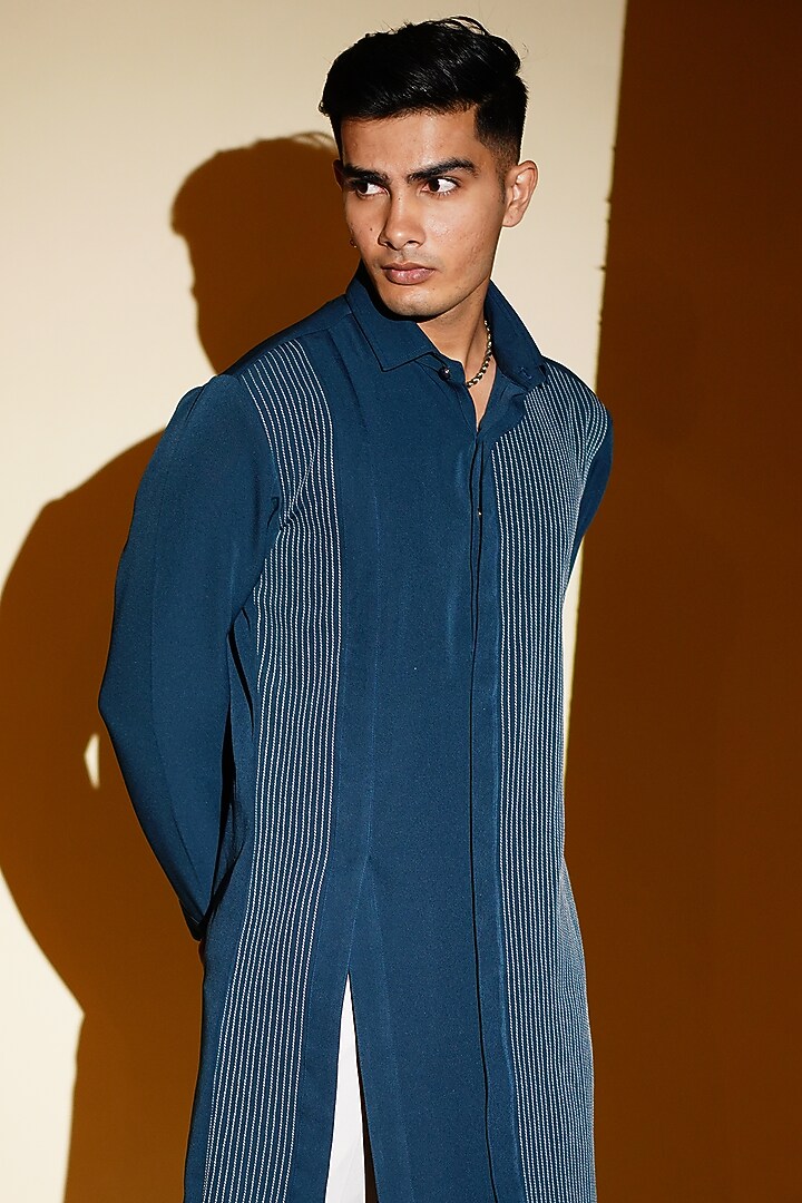 Teal Blue Embroidered Kurta Set by KHUSHBOO CHUGH MEN at Pernia's Pop Up Shop