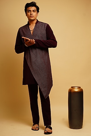 Wine Embroidered Kurta Set by KHUSHBOO CHUGH MEN