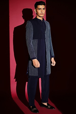 Navy Blue Crepe Kurta Set With Indowestern Jacket by KHUSHBOO CHUGH MEN
