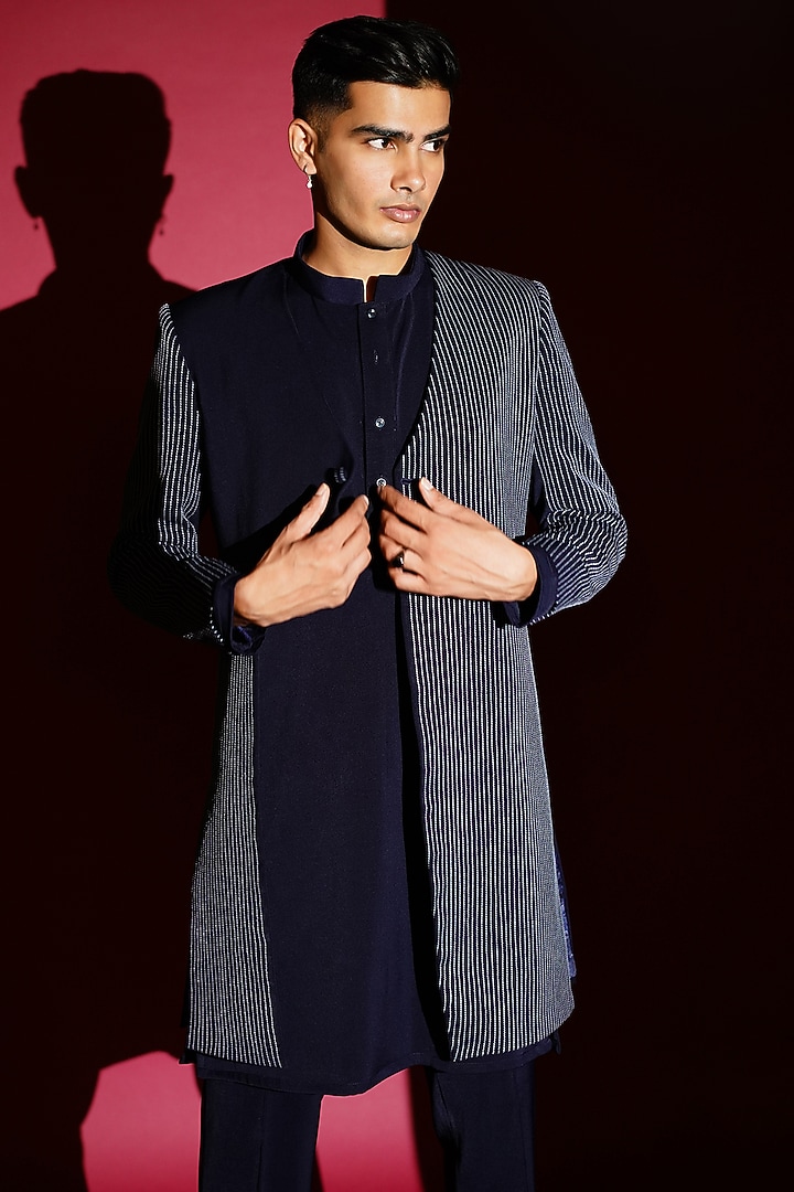 Navy Blue Crepe Kurta Set With Wedding Indowestern Jacket by KHUSHBOO CHUGH MEN at Pernia's Pop Up Shop