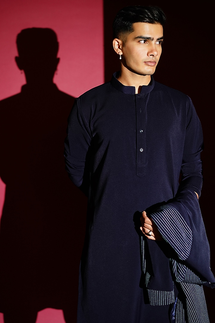 Navy Blue Crepe Kurta Set With Wedding Indowestern Jacket by KHUSHBOO CHUGH MEN at Pernia's Pop Up Shop