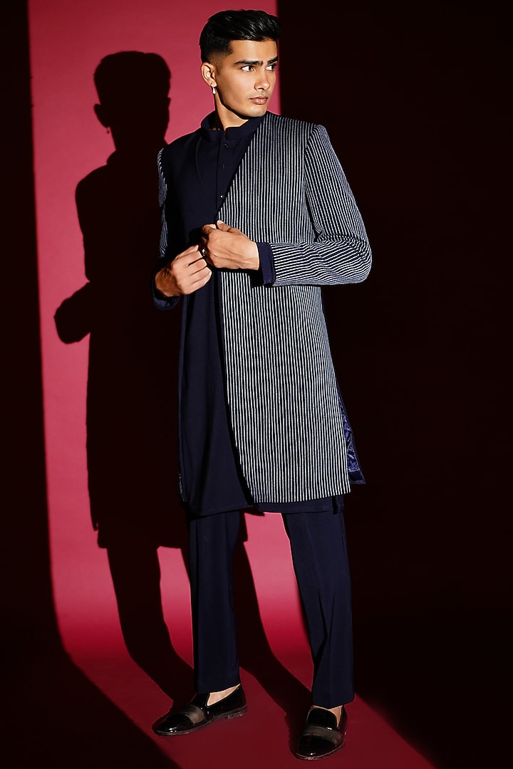 Navy Blue Crepe Kurta Set With Wedding Indowestern Jacket by KHUSHBOO CHUGH MEN at Pernia's Pop Up Shop