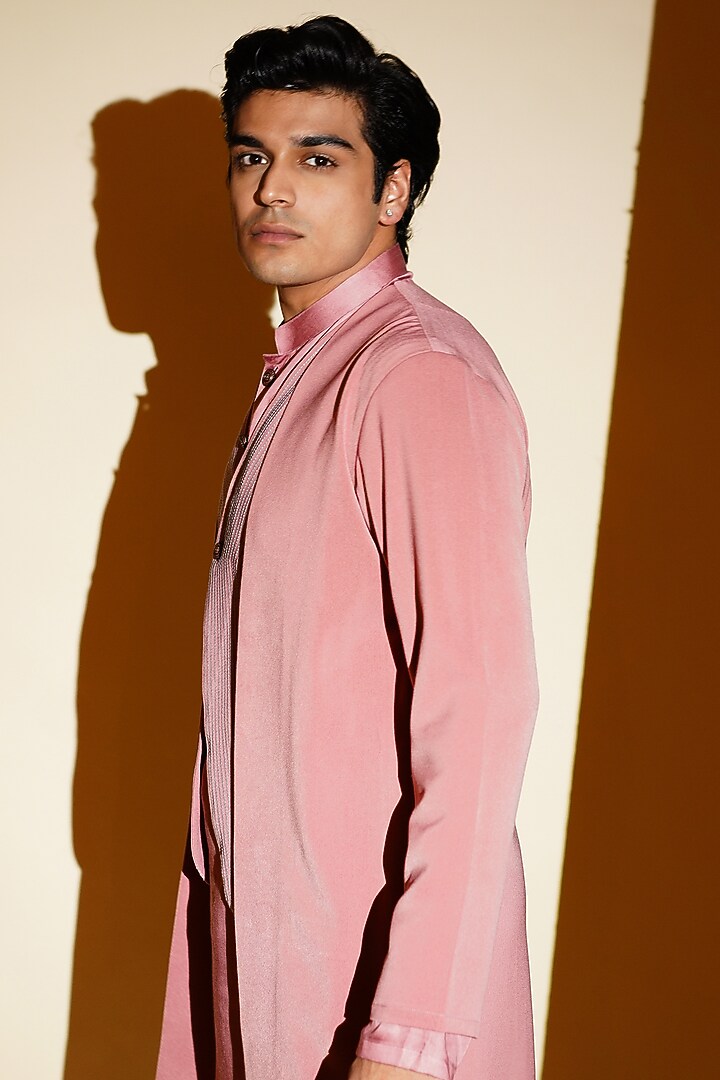 Salmon Crepe Wedding Indowestern Set by KHUSHBOO CHUGH MEN at Pernia's Pop Up Shop