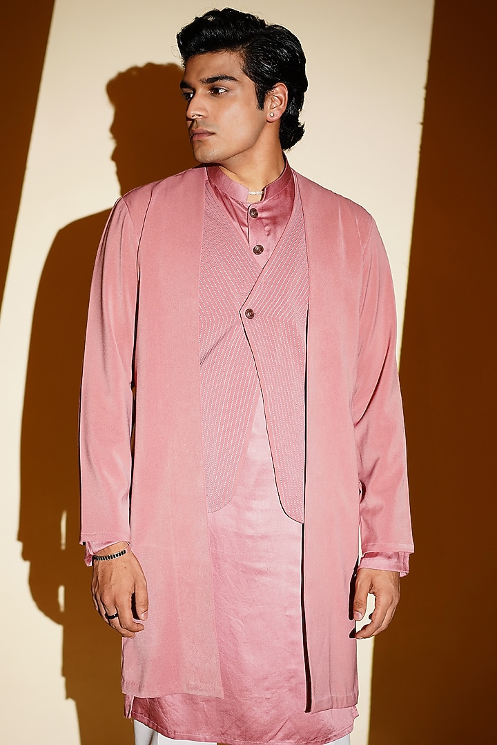 Salmon Crepe Wedding Indowestern Set by KHUSHBOO CHUGH MEN at Pernia's Pop Up Shop