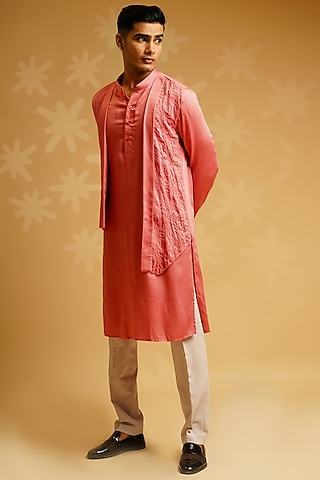 Salmon Crepe Kurta Set With Shrug Jacket by KHUSHBOO CHUGH MEN