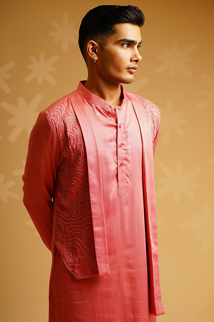 Salmon Crepe Kurta Set With Shrug Jacket by KHUSHBOO CHUGH MEN at Pernia's Pop Up Shop