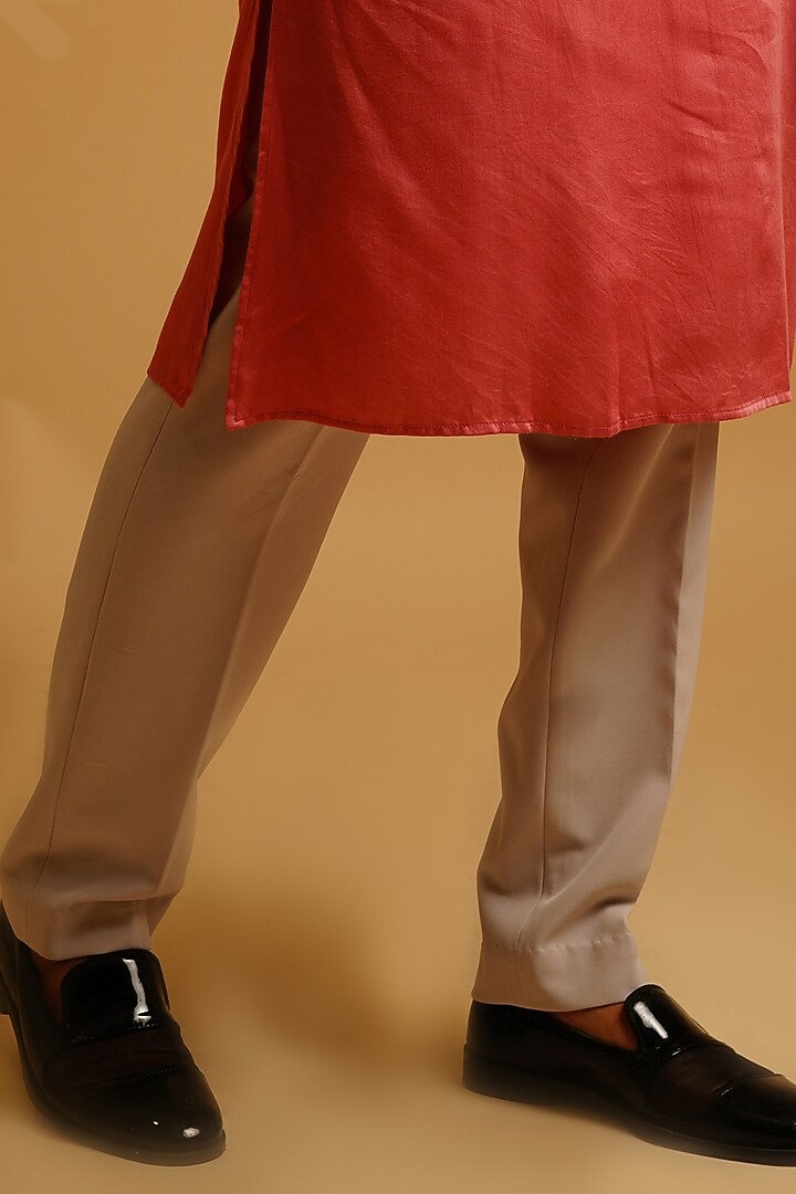 Salmon Crepe Kurta Set With Shrug Jacket by KHUSHBOO CHUGH MEN at Pernia's Pop Up Shop
