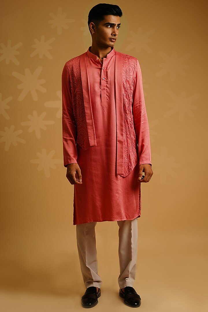 Salmon Crepe Kurta Set With Shrug Jacket by KHUSHBOO CHUGH MEN at Pernia's Pop Up Shop