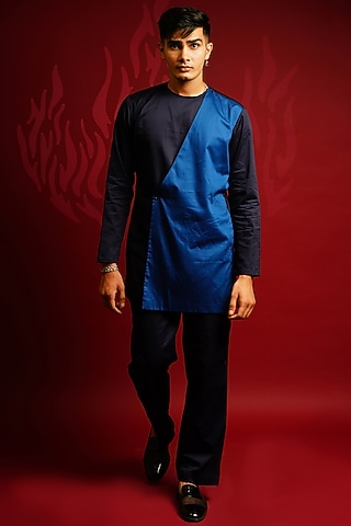 Royal Blue & Black Cotton Satin Kurta Set by KHUSHBOO CHUGH MEN