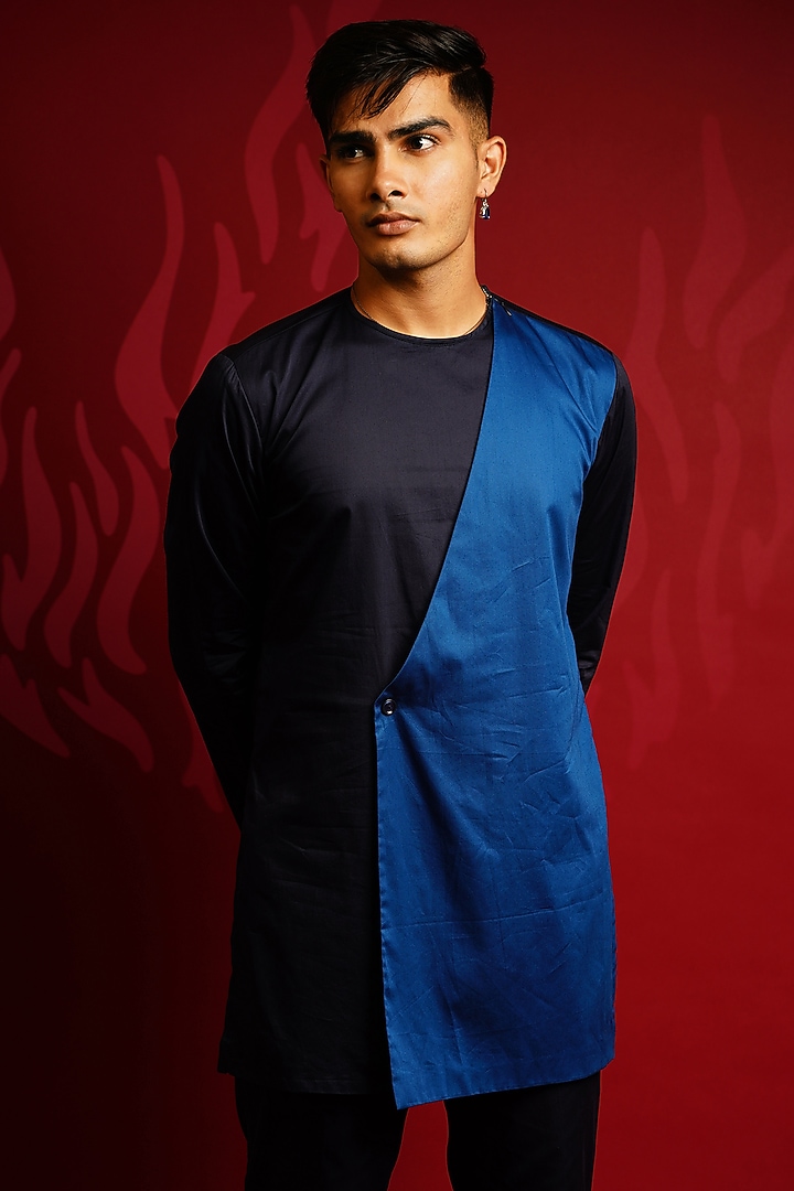 Royal Blue & Black Cotton Satin Kurta Set by KHUSHBOO CHUGH MEN at Pernia's Pop Up Shop