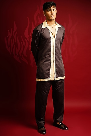 Brown Cotton Satin Pant Set by KHUSHBOO CHUGH MEN