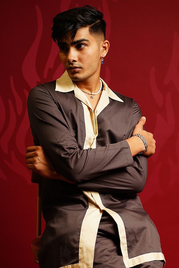 Brown Cotton Satin Pant Set by KHUSHBOO CHUGH MEN at Pernia's Pop Up Shop