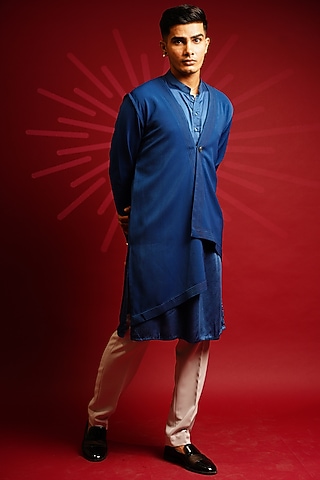 Royal Blue Crepe Kurta Set With Jacket by KHUSHBOO CHUGH MEN