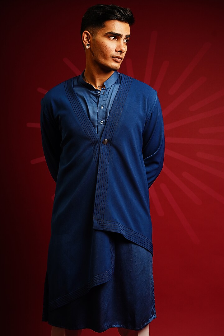 Royal Blue Crepe Kurta Set With Jacket by KHUSHBOO CHUGH MEN at Pernia's Pop Up Shop