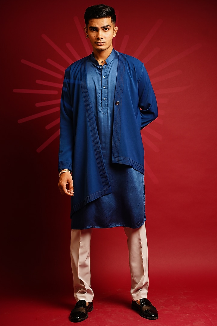 Royal Blue Crepe Kurta Set With Jacket by KHUSHBOO CHUGH MEN at Pernia's Pop Up Shop