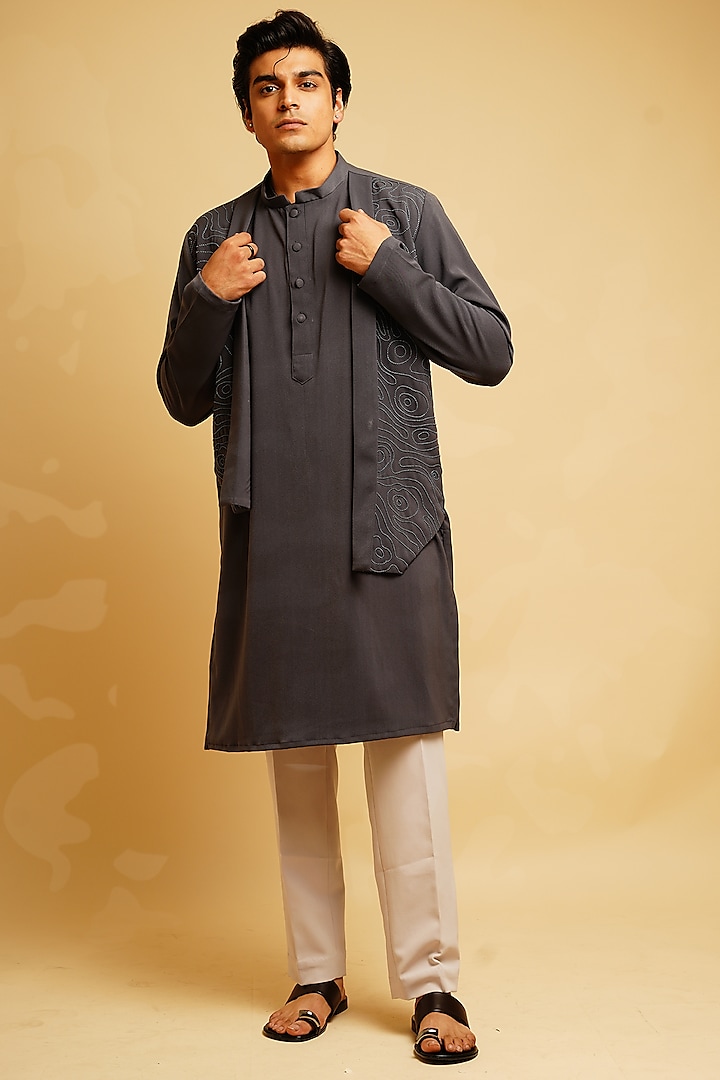 Charcoal Grey Kurta Set With Shrug Jacket by KHUSHBOO CHUGH MEN