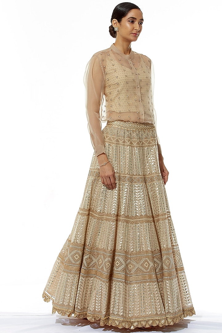 Beige Organza Boota Embroidered Skirt Set by Kavita Bhartia at Pernia's Pop Up Shop