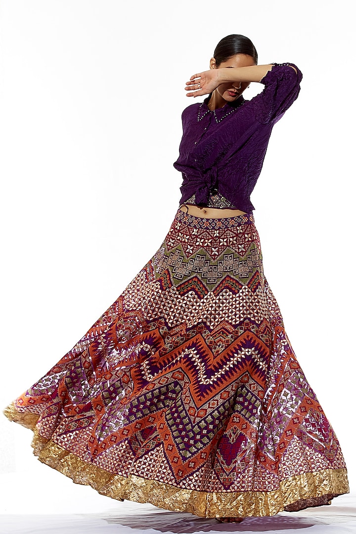 Purple & Multi Colored Embroidered Skirt Set by Kavita Bhartia