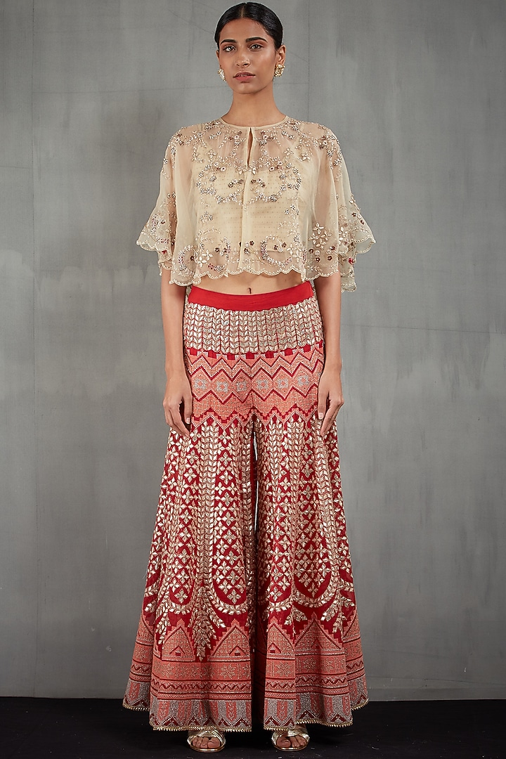 Beige & Red Embroidered Bridal Sharara Set by Kavita Bhartia at Pernia's Pop Up Shop