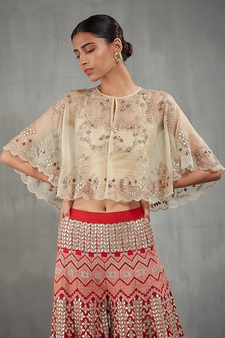 Beige & Red Embroidered Bridal Sharara Set by Kavita Bhartia at Pernia's Pop Up Shop