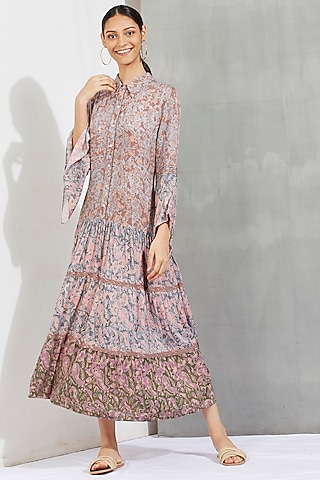 Pastel Pink Tiered Lace Maxi Dress by Kavita Bhartia