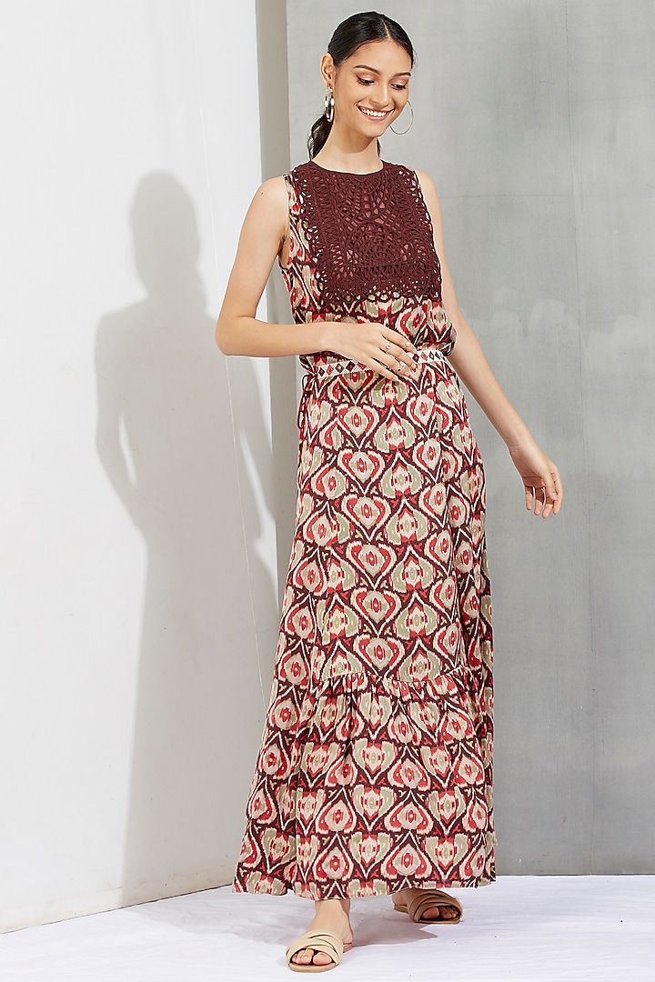 Brown Printed Maxi Dress With Belt by Kavita Bhartia