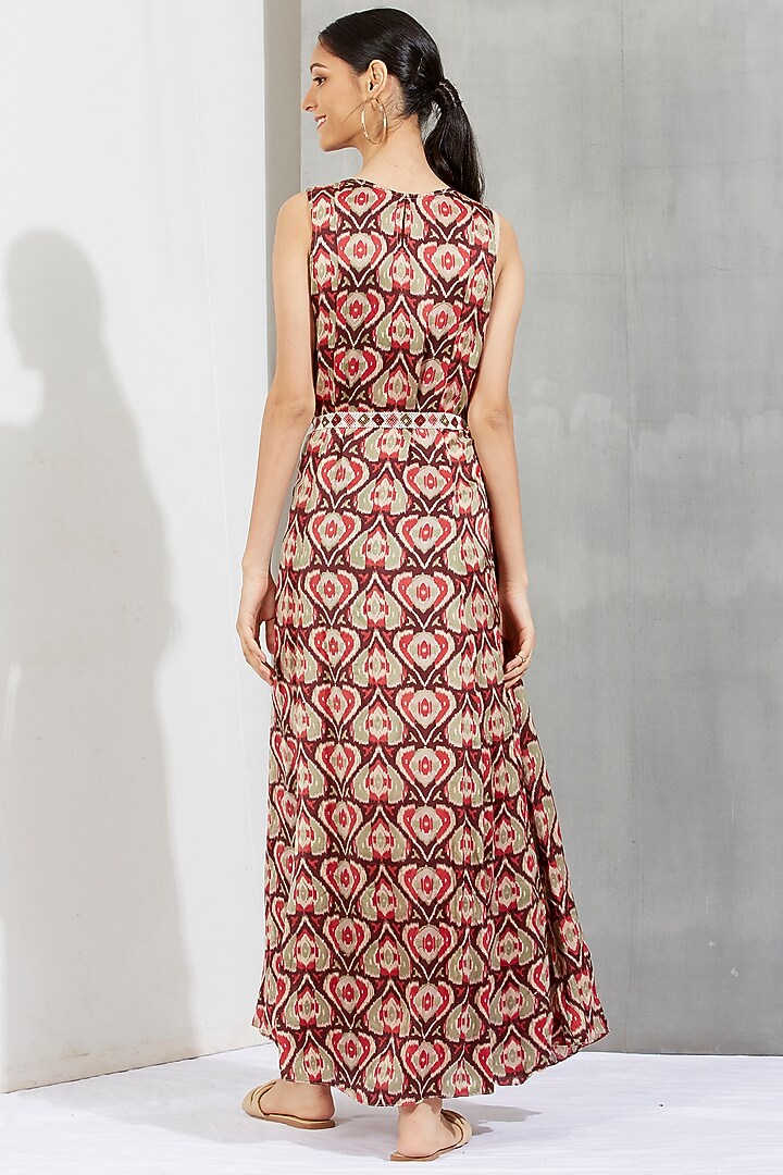 Brown Printed Maxi Vacation Dress With Belt by Kavita Bhartia at Pernia's Pop Up Shop