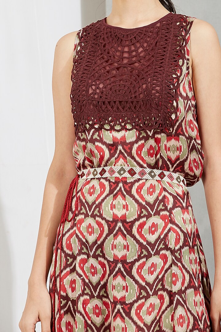 Brown Printed Maxi Vacation Dress With Belt by Kavita Bhartia at Pernia's Pop Up Shop