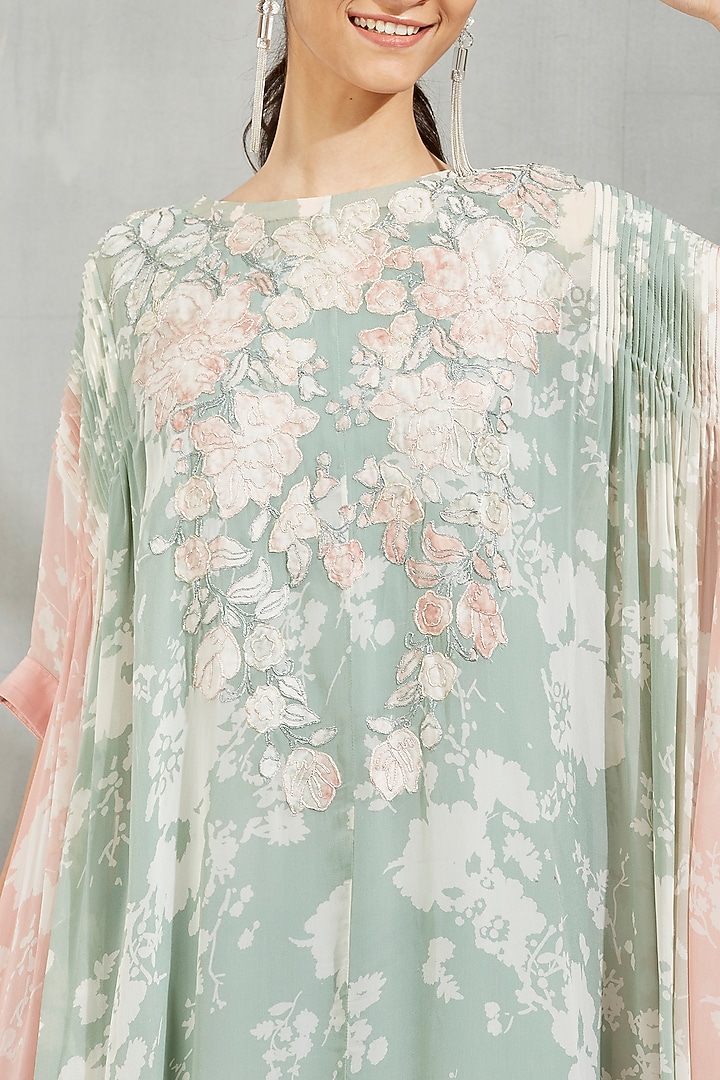 Sage Green & Blush Pink Embroidered Kaftan by Kavita Bhartia at Pernia's Pop Up Shop