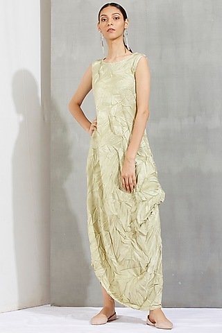 Olive Green Rayon Crinkled Maxi Dress by Kavita Bhartia