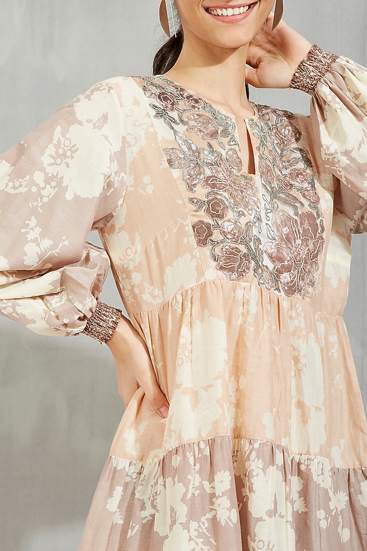 Beige Printed Mini Summer Dress by Kavita Bhartia at Pernia's Pop Up Shop