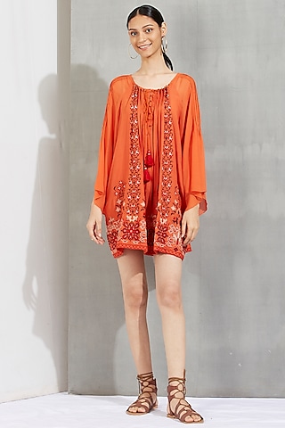 Rust Embroidered Tunic Mini Dress by Kavita Bhartia