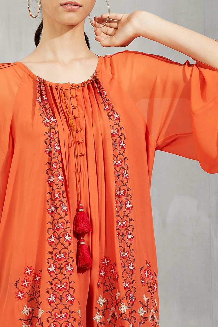 Pernia's Pop Up Shop - Kavita Bhartia Women Rust Embroidered Tunic Mini Dress Pernia's Pop Up Shop - Kavita Bhartia Women Rust Embroidered Tunic Mini Dress