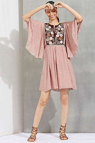 Nude Velvet Applique Embroidered Tunic Mini Dress by Kavita Bhartia