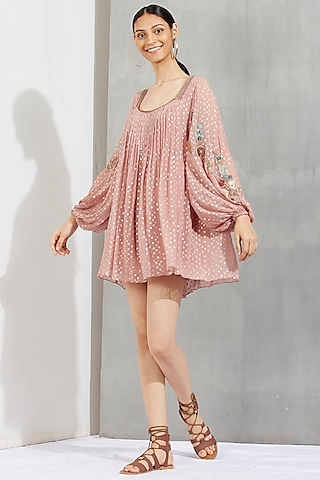 Nude Embroidered Tunic Mini Dress by Kavita Bhartia