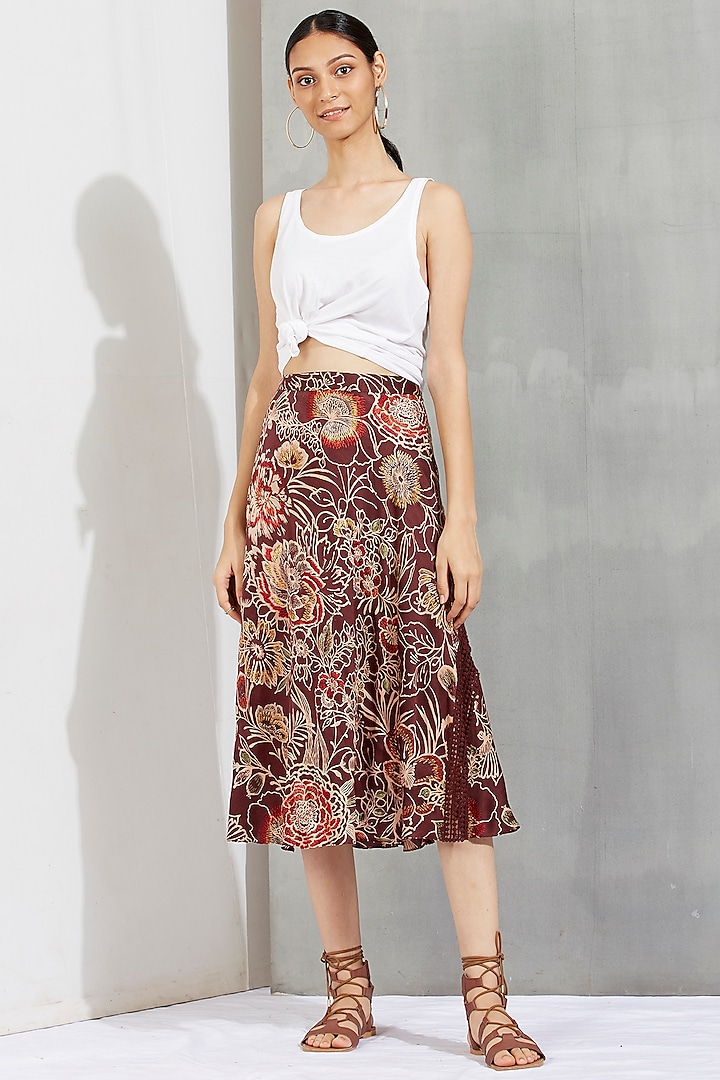 Brown Printed & Embroidered Midi Skirt by Kavita Bhartia