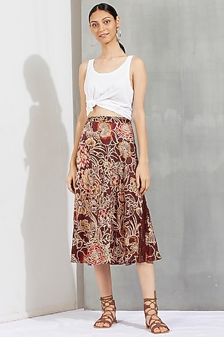 Brown Printed & Embroidered Midi Skirt by Kavita Bhartia